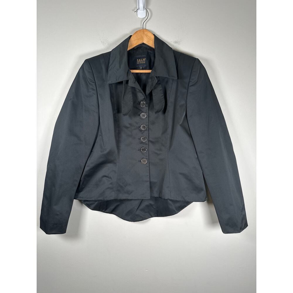 Pauw Amsterdam Blazer Jacket Black Satin Button Up Structured Peplum Size Large